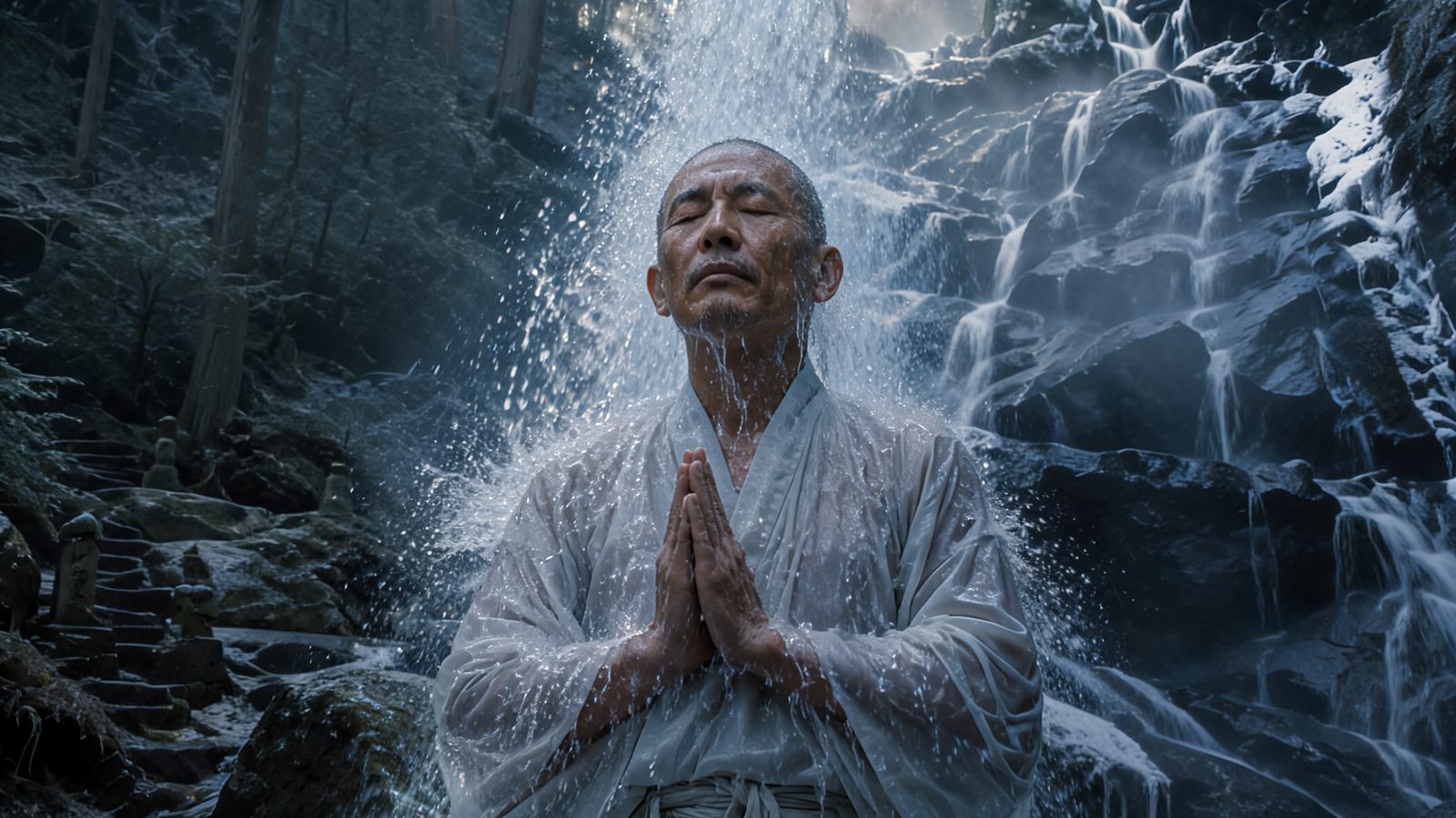 Monk meditating under a frozen waterfall, hands pressed together