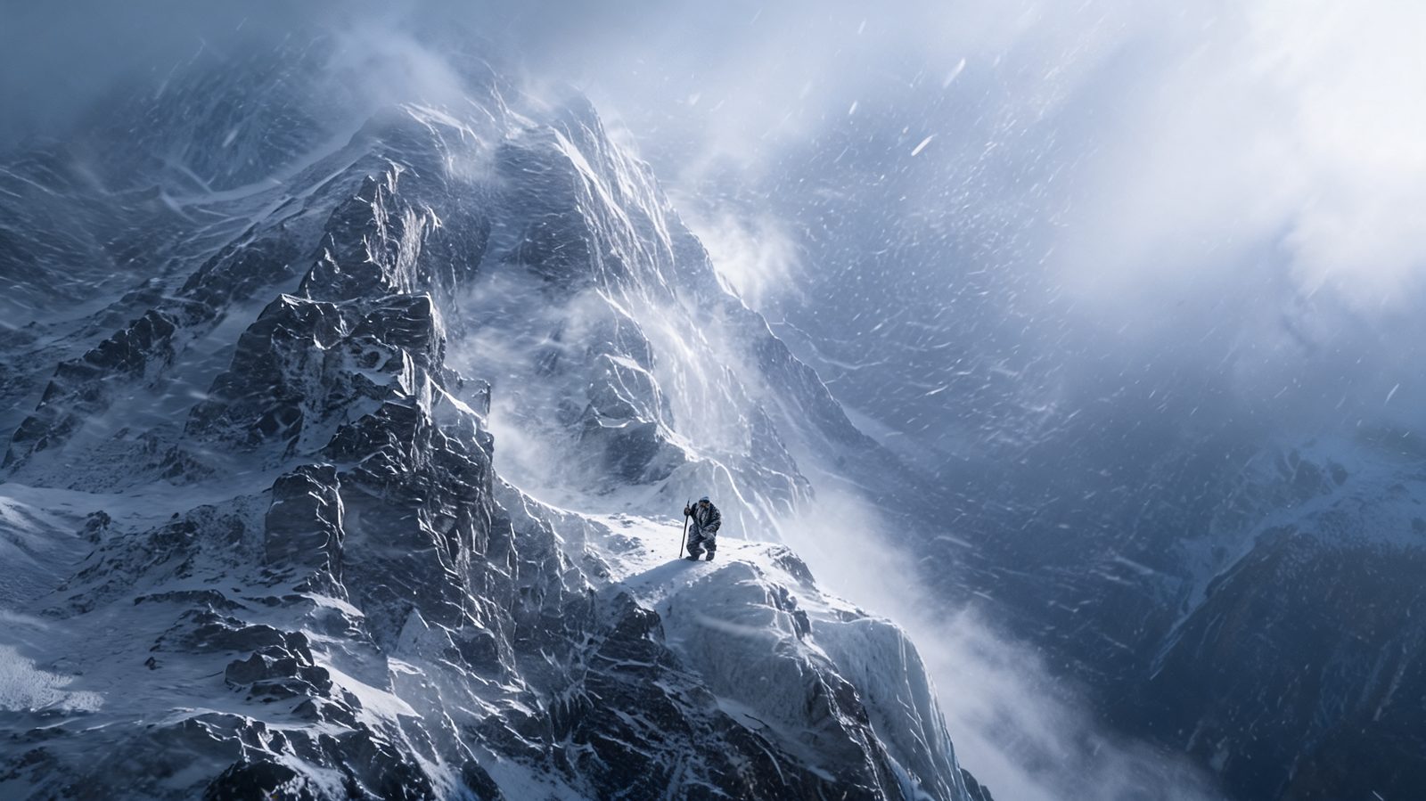 Pilgrim with a frozen beard pushing forward with a staff through heavy snow