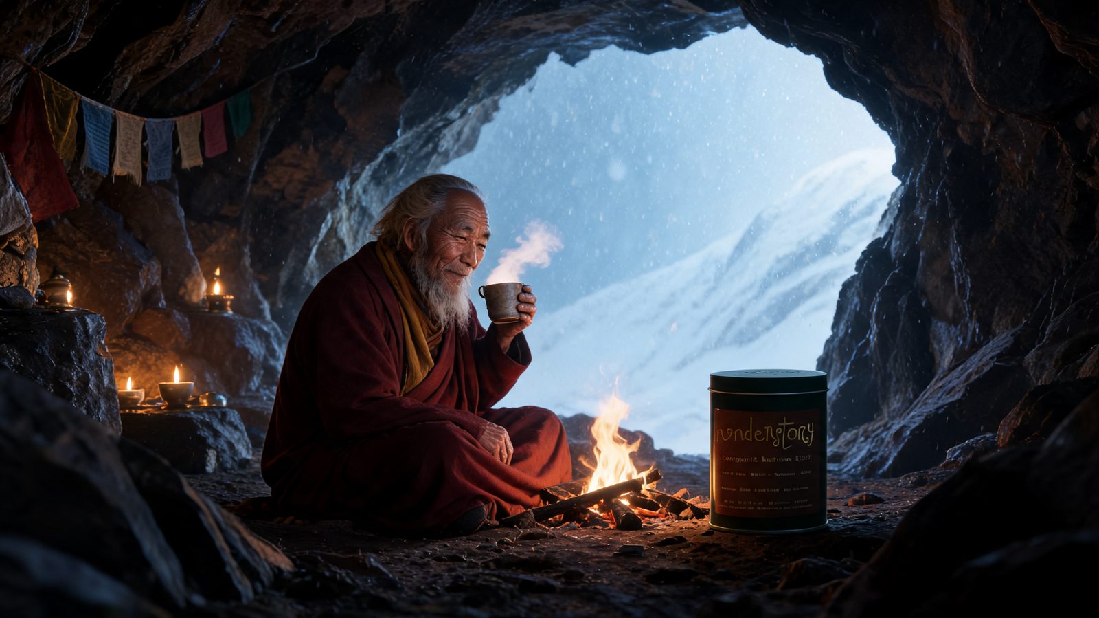 Guru sitting by a fire in a cave with a steaming cup and the Understory tin beside him